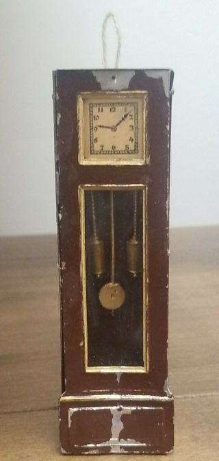 Antique German Grandfather Clock Dollhouse Miniature Metal Tin
