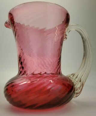 ❤✋vintage Pilgrim Glass Hand Blown Cranberry Swirl Optic Art Glass Pitcher✋❤