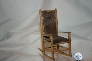 Miniature Dollhouse Rush Seat Rocking Chair W Distressed Suede Cushions 1:12 Nr