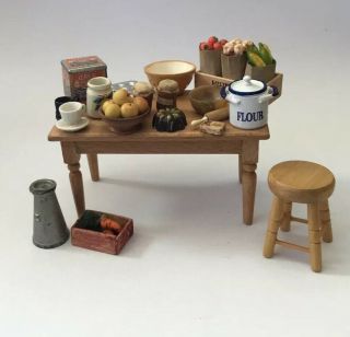 Dolls House Low Kitchen Table With Stool And Accessories