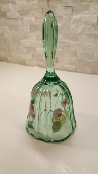Fenton Green Glass Bell With Hand Painted Flower Signed S.  Bryan 7 " Tall Vtg 1990