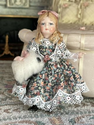 Vintage Miniature Dollhouse Artisan Little Porcelain Girl Doll & Lamb Character