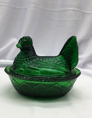 Green Glass Hen On Nest Basket Candy Dish,  Rooster,  Chicken,  Bowl,  Bird