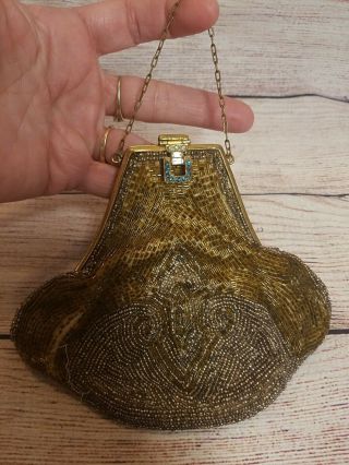 Antique French Micro Beaded Hinged Purse Art Deco Flapper Bag France Made Mirror
