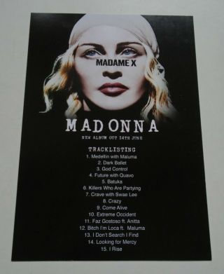 Madonna Madame X 2019 Uk Album Playback Promo Only Tracklisting/tour Dates Card