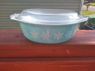 Pyrex Turquoise Snowflake Oval Casserole Dish 1 1/2 Qt 043 W/ 943c27 Glass Lid
