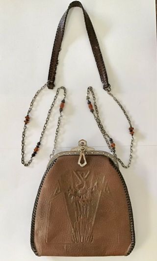 Antique Vintage 20s Brown Leather Tooled Handbag Purse Art Deco Nouveau Flapper