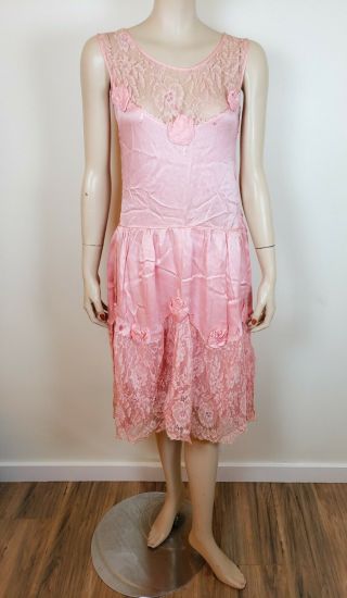 Antique Vintage 20s 30s Pink Silk Lace Drop Waist Dress Flapper Roses Sz Xs/s