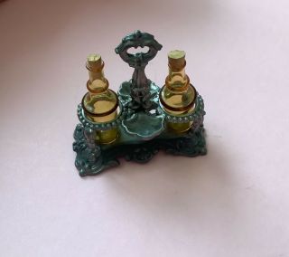 Antique Dolls House German Metal / Pewter Oil / Vinegar Set With Amber Bottles
