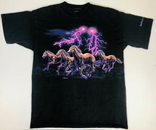 Vtg 90s Habitat Double Sided Horse Thunder Lightning Badlands Black T - Shirt Xl