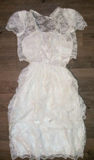 Vintage 80s White 2 Piece Lace Satin Ruffle Gown Wedding Dress Size Small