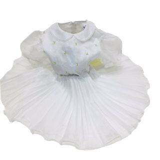 Vtg Girls Semi Sheer White Chiffon Circle Dress Sz 5 Lace Sash Floral Embroidery