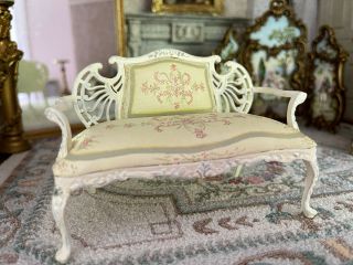 Vintage Miniature Dollhouse Artisan Wood Hand Painted Fabric Victorian Settee