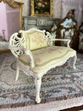 Vintage Miniature Dollhouse Artisan Wood Hand Painted Fabric Victorian Settee 3