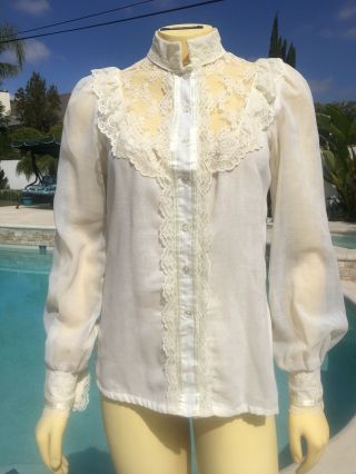 Vintage 70s Gunne Sax Victorian Lace & Cotton Boho Blouse Shirt Sz 7 Xs/s