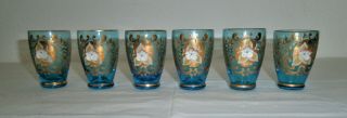 Set Of 6 Vintage Czech Italian Blue & Gold W/ Enamel Floral Cordial Glasses