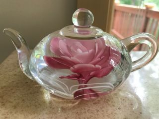 Dynasty Gallery Heirloom Collectible Teapot With Pink Rose Paperweight Art Glass