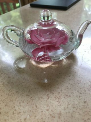 Dynasty Gallery Heirloom Collectible Teapot With Pink Rose Paperweight Art Glass 2