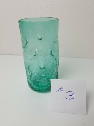 Vintage Blenko Bischoff Pinched Dimple Crackle Glass Teal Green Glass Tumbler