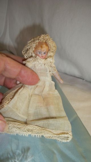 Small 4 1/4 " German Bisque Dollhouse Doll All Baby Or Bride
