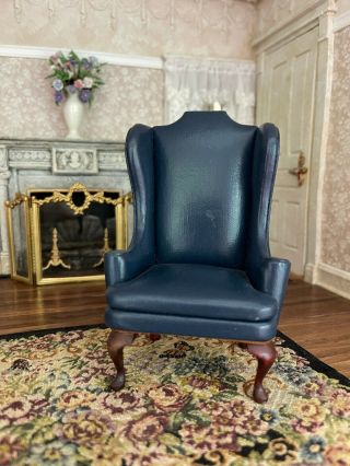 Vintage Miniature Dollhouse Uk Artisan Signed Leather Wingback Chair Navy Blue