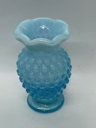 Vintage Fenton Art Glass Blue Hobnail Opalescent Ruffled Crimped Top Blue Vase