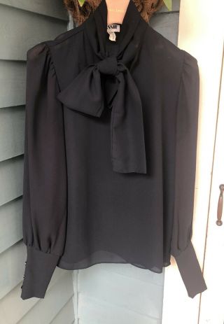 Vintage 70s 80s Black See Through Pussy Bow Blouse Top Puff Shoulders