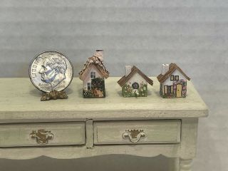 Vintage Artisan Signed Tiny Wood Cottages & Birdhouse Dollhouse Miniature 1:12
