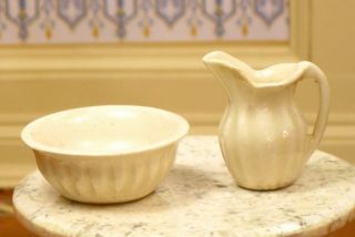 Jean Tag White Ceramic Pitcher & Bowl Wash Set Artisan Dollhouse Miniature