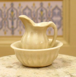 Jean Tag White Ceramic Pitcher & Bowl Wash Set Artisan Dollhouse Miniature 3