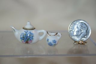 Miniature Dollhouse Reutter Porcelain Tea Pot & Cream Pitcher Blue Flowers 1:12