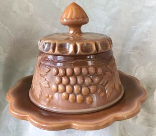Chocolate Slag Glass Grape & Cable Round Covered Butter Cheese Dish Mosser