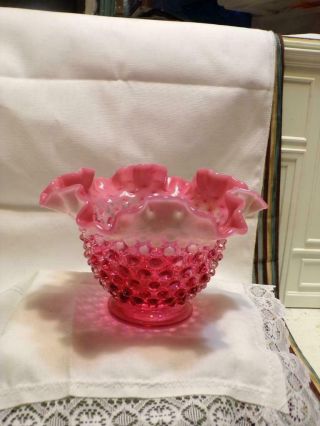 Fenton Cranberry Opalescent Hobnail Bowl With Ruffled Edge - 6 1/4 " Wide