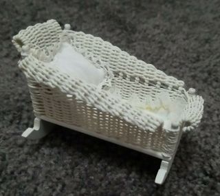 Dollhouse Miniature Peggy Taylor Artisan Wicker Cradle Baby White Crib Bed
