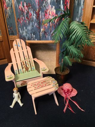 G.  Stiles Hand Painted Chair & Table Rabbits Flowers 1:12 Dollhouse Miniature