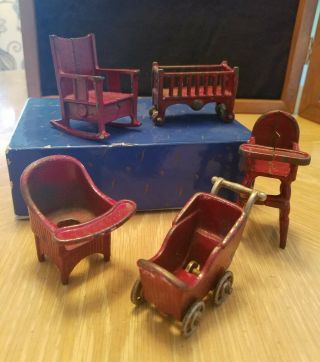 5 Pc.  Kilgore Antique Cast Iron Mini Doll House Furniture Set,  Orig.  Paint