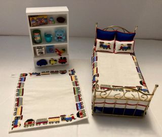 Miniature Dollhouse Boy’s Bedroom: Brass Bed,  Toy Cabinet,  Rug - Train Motif