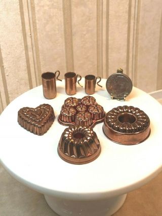 Dollhouse Miniature Vintage Bodo Hennig 4 Copper Molds & 3 Mugs 1:12