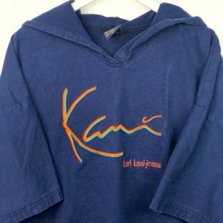 VTG Karl Kani Jeans Hoodie T Shirt 2X Blue Orange Embroidered Logo Hood Tee 90s 2