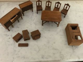 Vintage Strombecker Walnut Dollhouse Furniture And Metal Stove And Toilet