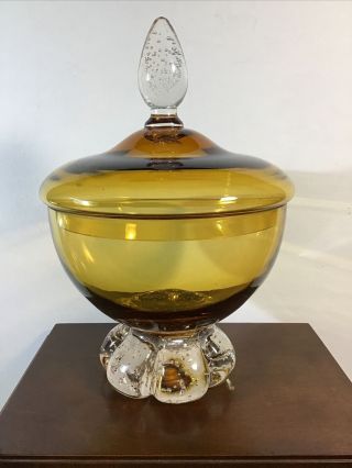 Vintage Amber Lidded Blown Glass Candy Dish Clear Footed Apothecary Mcm Style