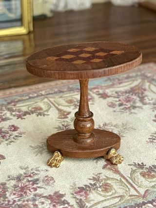 Vintage Miniature Dollhouse Artisan Signed Wood Parquet Side Table Claw Feet