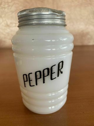 Depression White Milk Glass Black Letter Beehive Range Stove Top Pepper Shaker