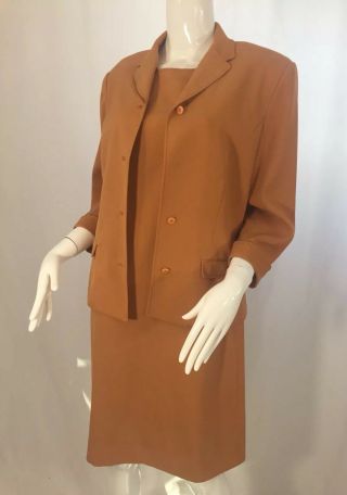 Women’s Vintage 80’s Halston 2 - Piece Dress Suit W/ Jacket Mustard Camel Size 8