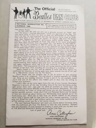 The Beatles Fan Club Newsletter No 7 Summer 1966 Excelleent.