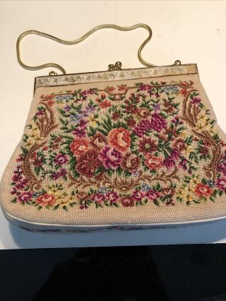 Vintage Antique Petit Point Purse Bag,  Chain Handle,  Floral Roses,  Etched Handle
