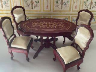 Vintage Dollhouse Gold Leaf Painted Dining Room Table 4 Chairs 1:12 Scale
