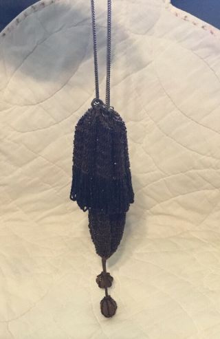 Antique Art Deco Brown Crochet Iridescent Chocolate Bead Drawstring Flapper Bag