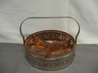 Pink Depression Glass Divided Nut/candy Dish W/metal Holder 5 " Diameter
