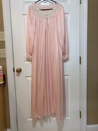 Shadowline Long Nightgown Peignoir Robe Set Soft Pink Nylon Lace Vintage Xl
